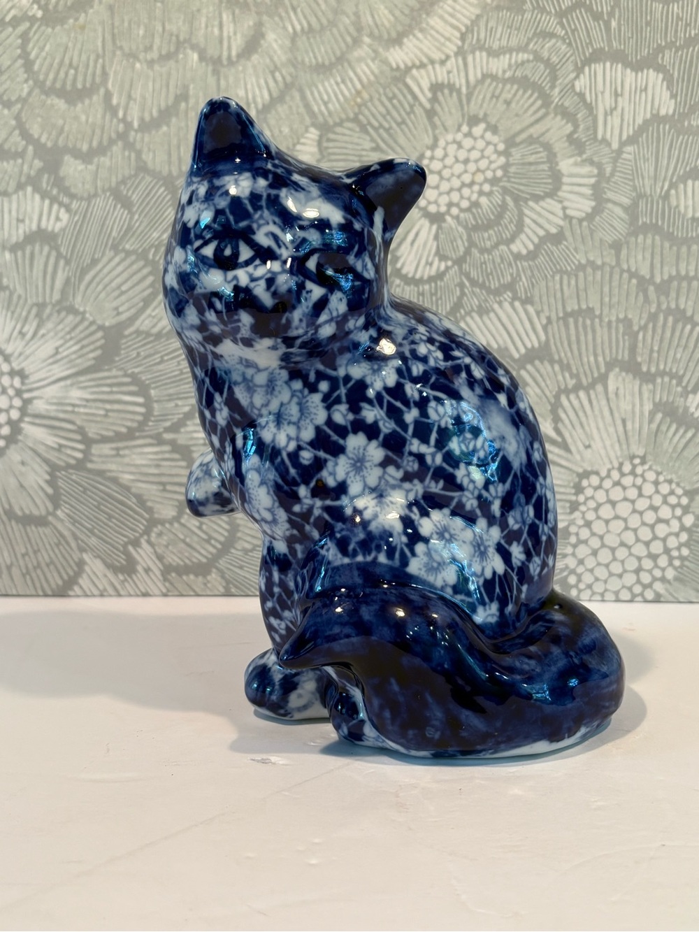 Vintage Ceramic Chinoiserie  Blue & white Floral Cat Figurine